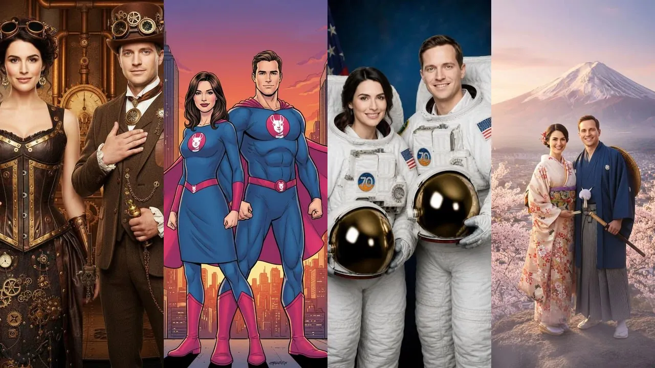 Four AI photo booth themes from a Toronto event: steampunk, superhero, astronaut and cherry blossom