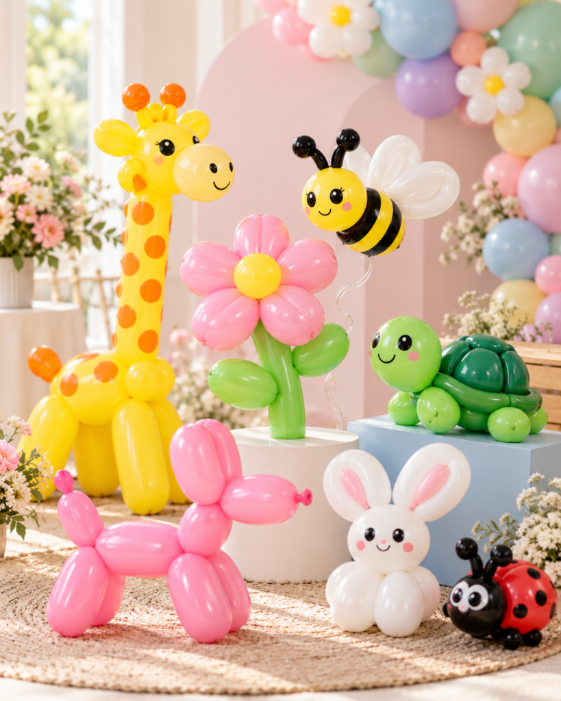 Balloon animals including a giraffe, bee, flower, turtle, bunny and poodle made by a balloon artist in Toronto