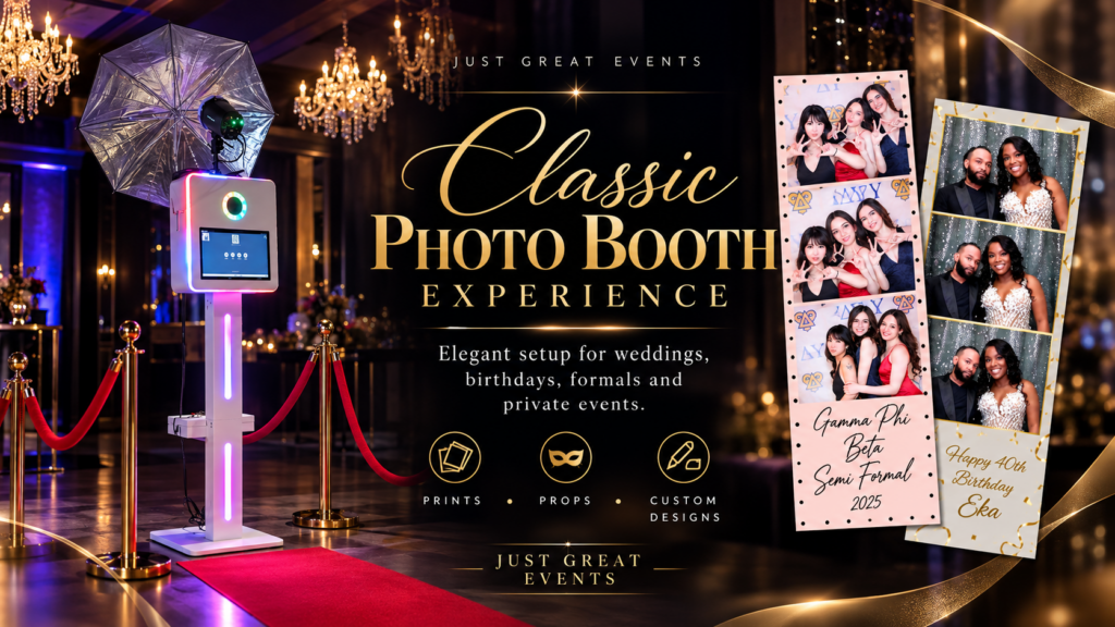 Classic photo booth experience: elegant setup for weddings, birthdays, formals and private events