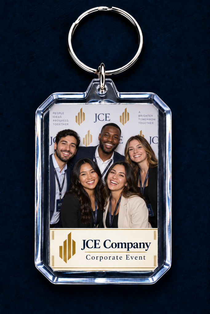 Custom photo keychain with a corporate event photo and logo