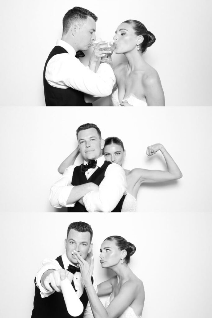 Bride and groom posing in black and white Glam Booth portraits