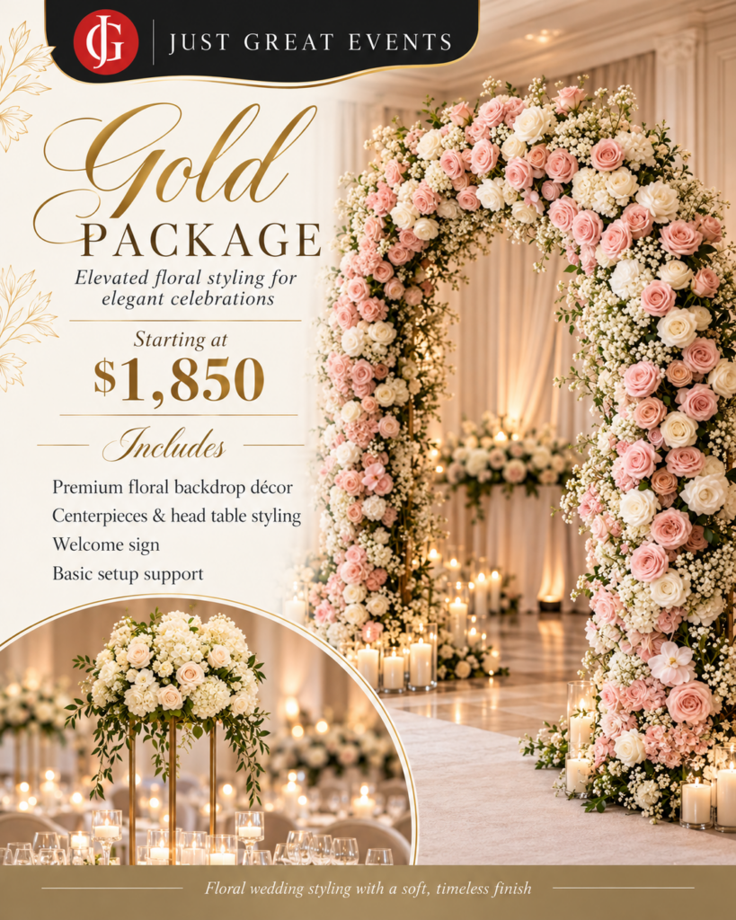 Gold wedding floral package starting at $1,850 with premium floral backdrop, centrepieces and head table styling