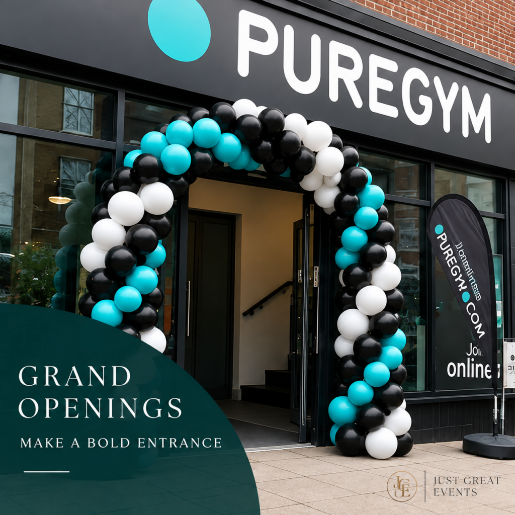 Grand opening balloon arch at a storefront entrance in Toronto