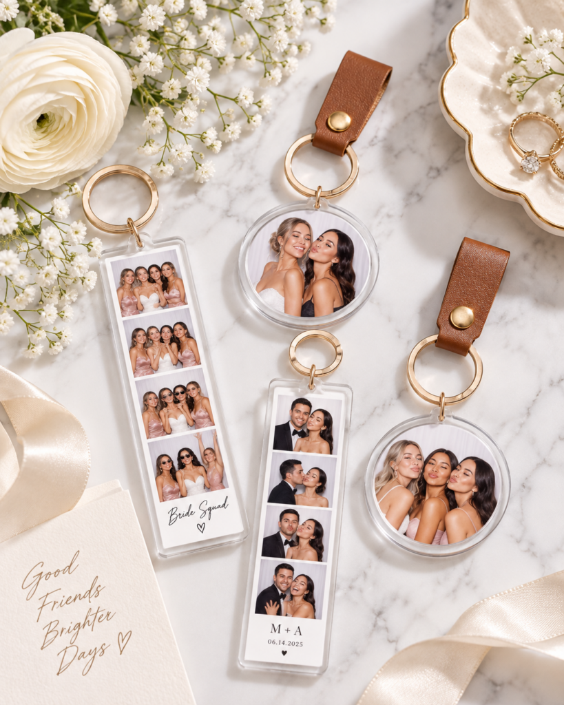 Photo strip keychains with leather tabs styled with flowers at a GTA event