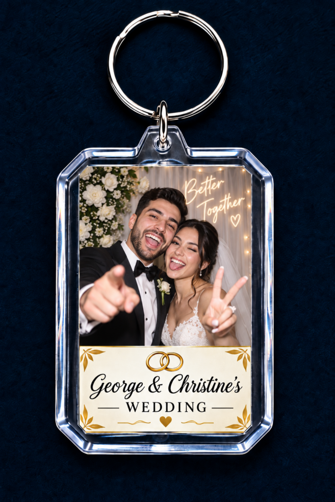 Custom wedding photo keychain with the couple’s names
