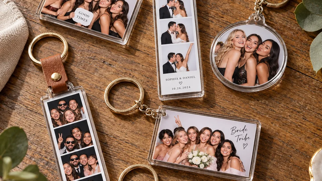 Photo keychains with strips and portraits made at a keychain photo booth in Toronto
