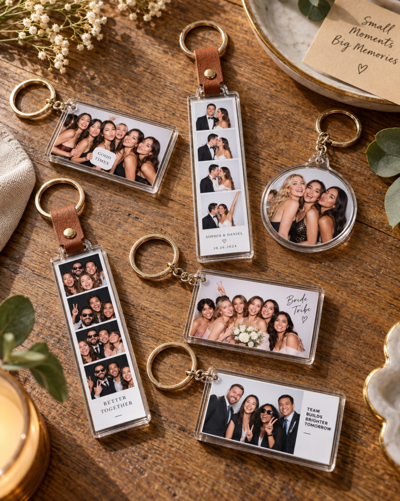 Photo keychain wedding favours with photo strips and custom keychains