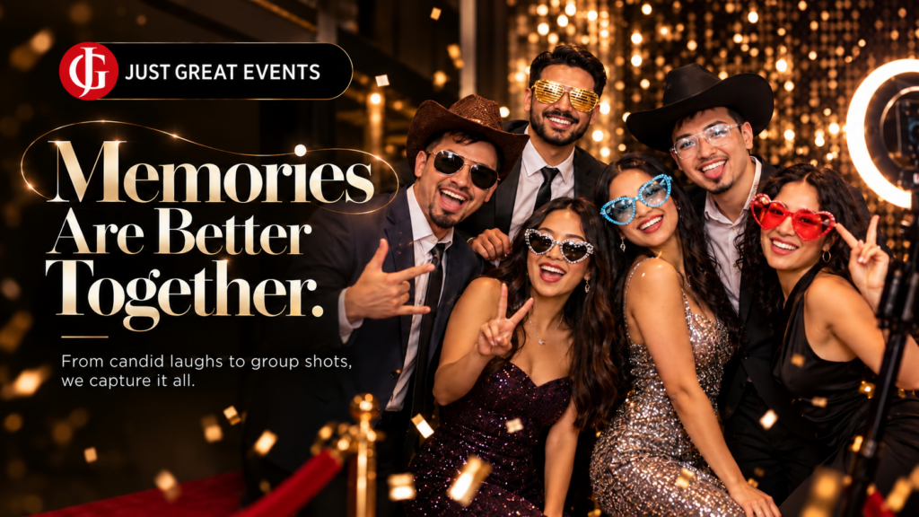 Memories are better together: friends with props at a Just Great Events photo booth in Toronto