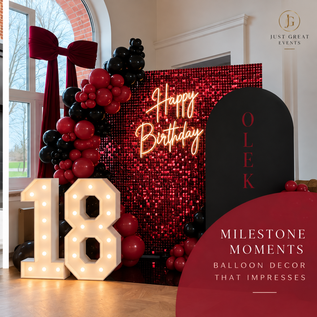 Milestone birthday balloon decor with a Happy Birthday neon sign and marquee numbers
