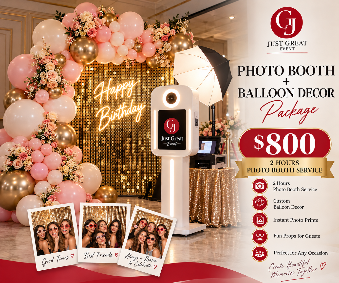Balloon garland framing a photo booth backdrop in Toronto