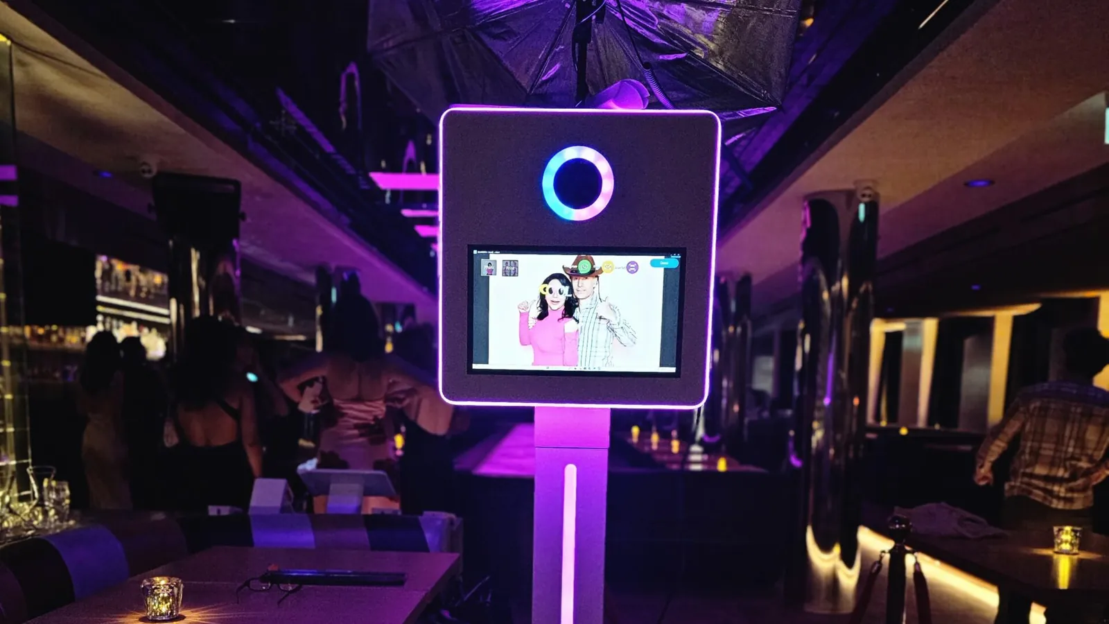Photo booth with ring light and touch screen set up in a Toronto lounge