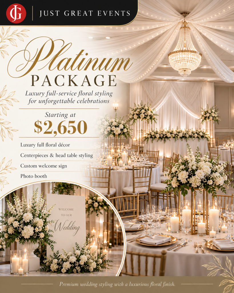 Platinum wedding floral package starting at $2,650 with luxury full floral decor, custom welcome sign and photo booth