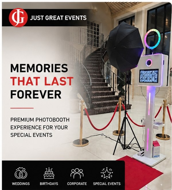 Just Great Events premium photo booth with red carpet for weddings, birthdays and corporate events in Toronto