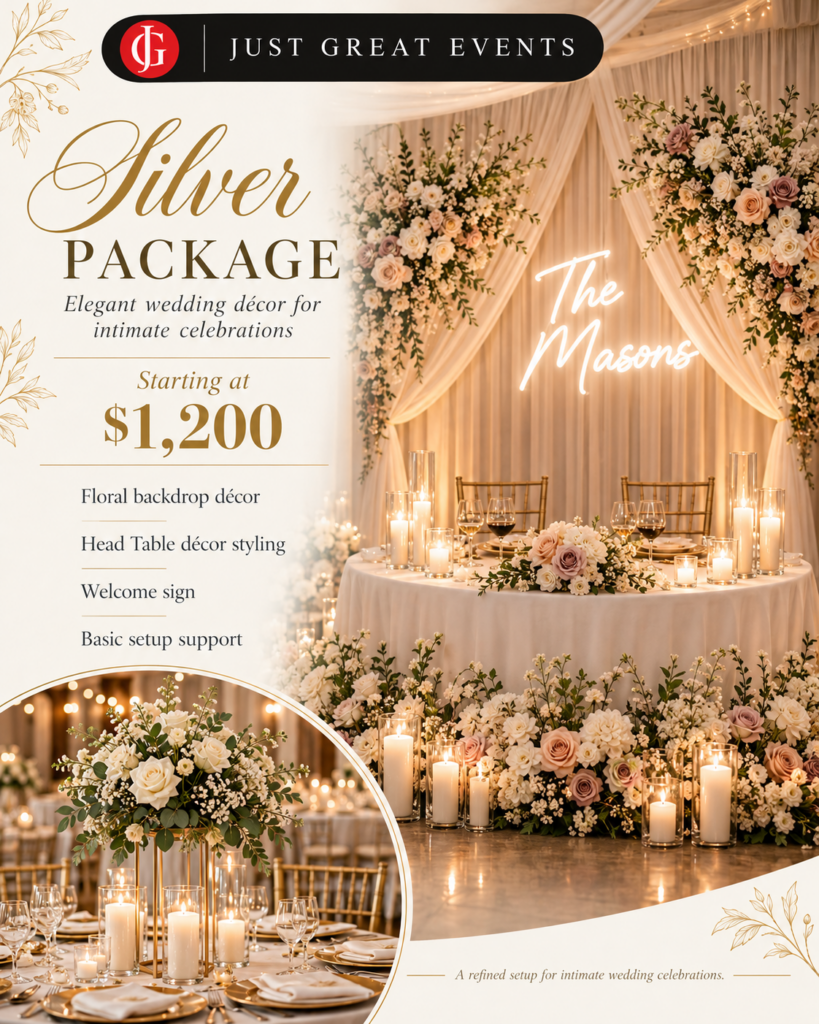 Silver wedding decor package starting at $1,200 with floral backdrop, head table styling and welcome sign