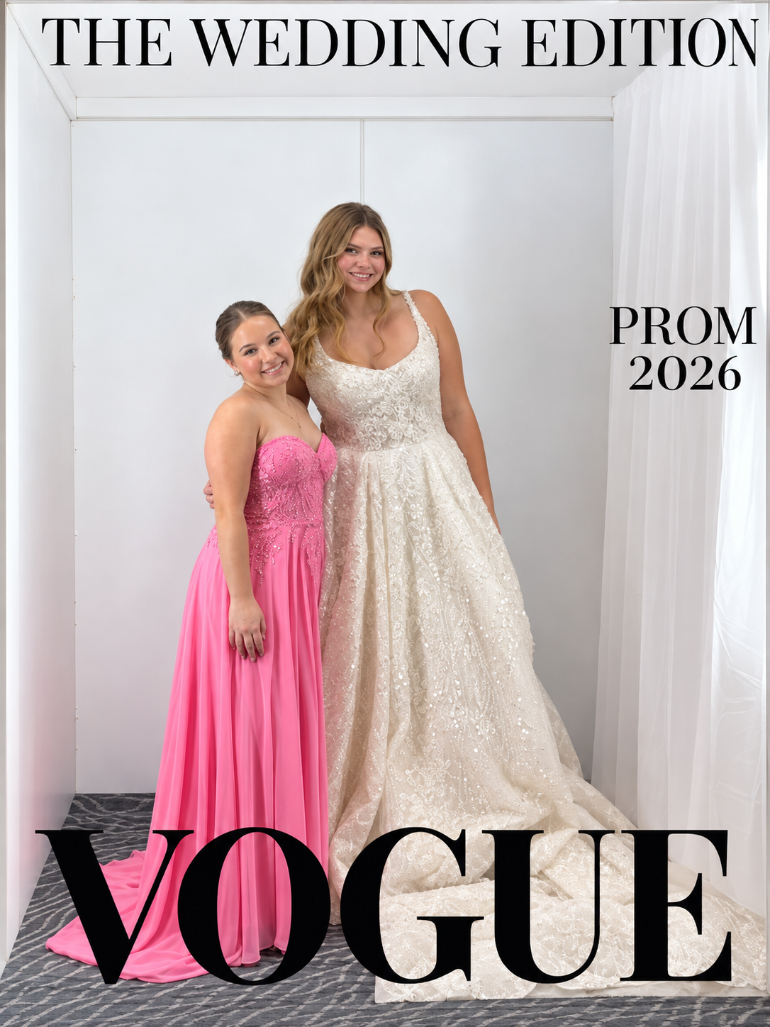 Friends in prom gowns posing in a magazine cover photo booth